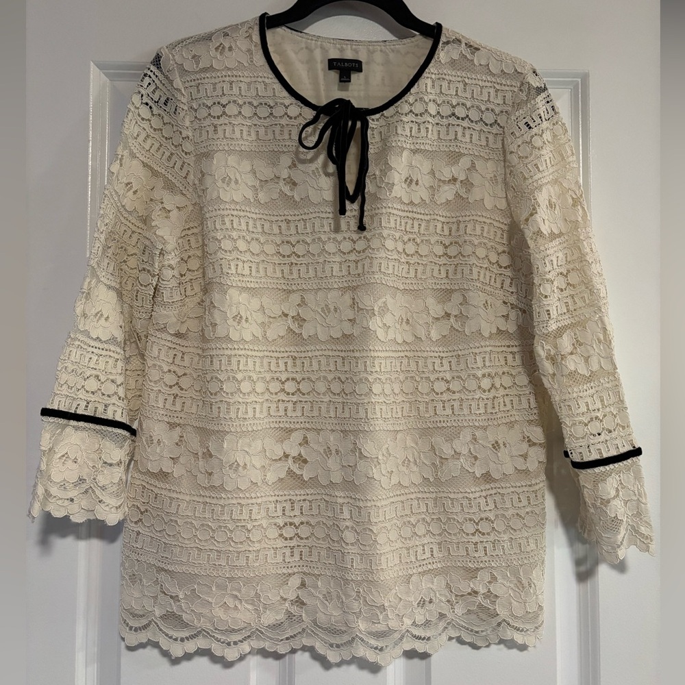 Talbots Cream Lace Top with Velvet Trim, size Large - Picture 2 of 7